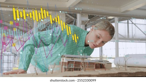 Image of mathematical equations and financial data processing over caucasian female architect. Global business, finances, computing and digital interface concept digitally generated image.