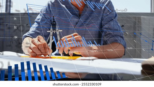 Image of mathematical equations and financial data processing over asian male architect. Global business, finances, computing and digital interface concept digitally generated image.