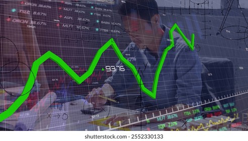 Image of mathematical equations and financial data processing over asian male architect. Global business, finances, computing and digital interface concept digitally generated image.