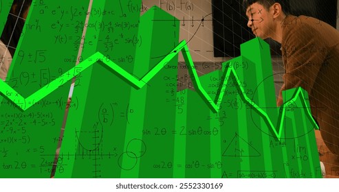 Image of mathematical equations and financial data processing over asian male architect. Global business, finances, computing and digital interface concept digitally generated image.