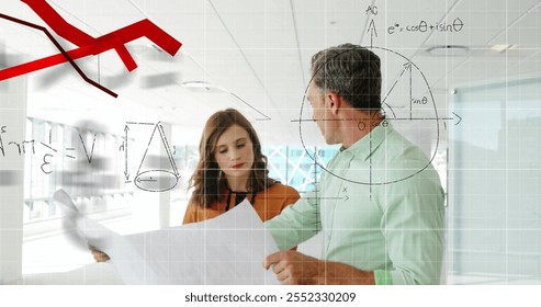 Image of mathematical equations and financial data processing over diverse architects. Global business, finances, computing and digital interface concept digitally generated image.