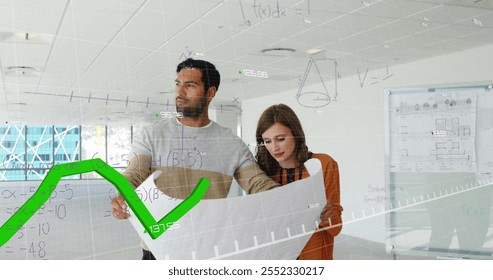 Image of mathematical equations and financial data processing over diverse architects. Global business, finances, computing and digital interface concept digitally generated image.