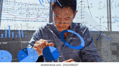 Image of mathematical equations and financial data processing over asian male architect. Global business, finances, computing and digital interface concept digitally generated image.
