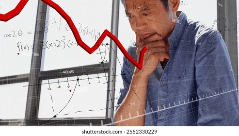 Image of mathematical equations and financial data processing over asian male architect. Global business, finances, computing and digital interface concept digitally generated image.