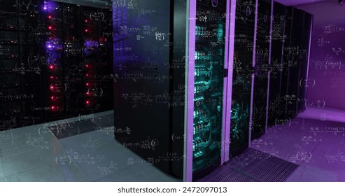 Image of mathematical equations floating against computer server room. Computer interface and business data storage technology concept