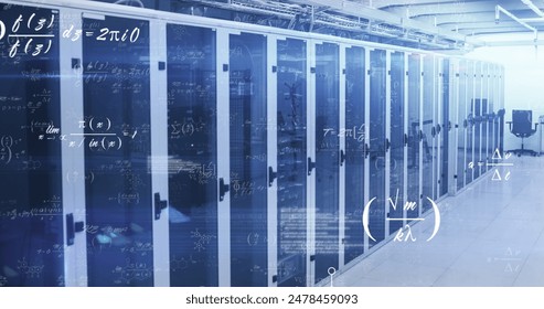 Image of mathematical equations floating against computer server room. Global networking and business data storage technology concept