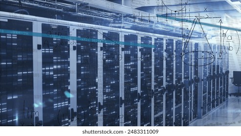 Image of mathematical equations floating against mosaic squares over computer server room. Computer interface and business data storage technology concept
