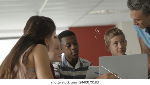 Image of mathematical equations floating over schoolchildren and teacher using laptop computer and talking. Education back to school concept digitally generated image. - Powered by Shutterstock