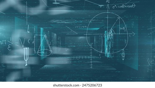 Image of mathematical equations floating over screens with data processing. Computer interface and business technology concept