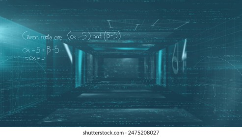 Image of mathematical equations floating over screens with data processing. Computer interface and business technology concept