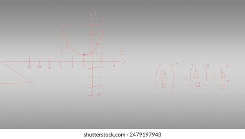 Image of mathematical equations and formulae with drawings. Global science, business, finances, computing and data processing concept digitally generated image.