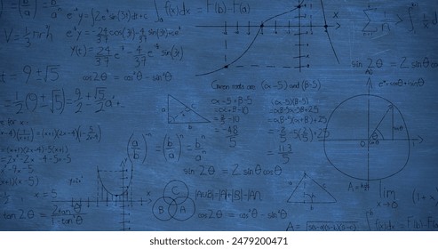Image of mathematical equations and formulae with drawings. Global science, business, finances, computing and data processing concept digitally generated image.