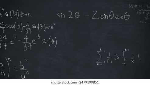 Image of mathematical equations and formulae. Global science, business, finances, computing and data processing concept digitally generated image.