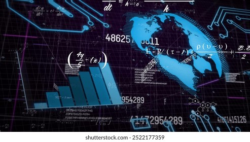 Image of mathematical equations, globe and data processing on black background. Network, research, digital interface and global communication, digitally generated image. - Powered by Shutterstock