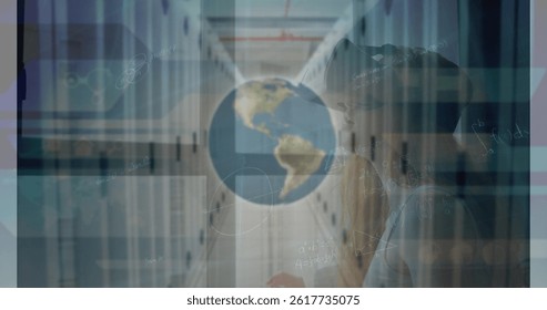 Image of mathematical equations and globe over server room and caucasian woman using vr headset. global technology, connections and digital interface concept digitally generated image. - Powered by Shutterstock - Get 15% off with code: PIKWIZARD15