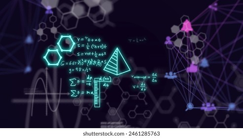 Image of mathematical equations, globes of digital icons and data processing on black background. Global networking and research technology concept