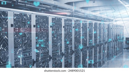 Image of mathematical equations, icons and data processing over computer servers. Global computing and data processing concept digitally generated image.