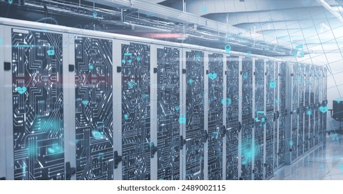 Image of mathematical equations, icons and data processing over computer servers. Global computing and data processing concept digitally generated image.