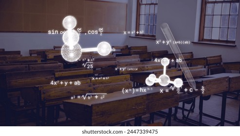 Image of mathematical equations and icons over empty classroom. Education, learning, knowledge, science and digital interface concept digitally generated image.