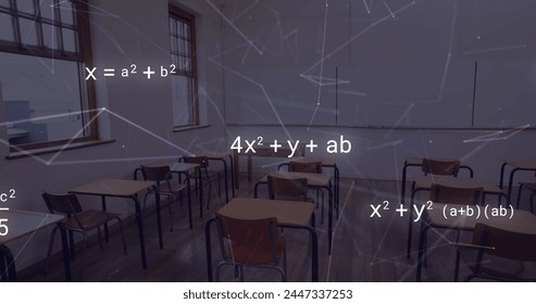 Image of mathematical equations and network of connections over empty classroom. Education, learning, knowledge, science and digital interface concept digitally generated image.