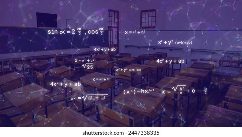 Image of mathematical equations and network of connections over empty classroom. Education, learning, knowledge, science and digital interface concept digitally generated image.
