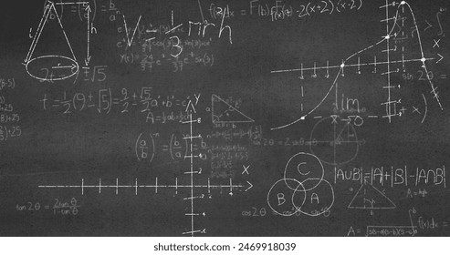 Image of mathematical equations on black background. Global education, technology and digital interface concept digitally generated image.