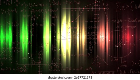 Image of mathematical equations on black background. global science and digital interface concept digitally generated image.