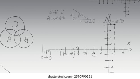 Image of mathematical equations on gray background. Technology, business and digital interface concept digitally generated image.