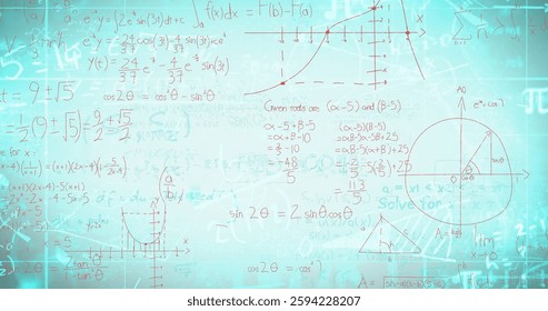 Image of mathematical equations on white background. Technology and digital interface concept digitally generated image.