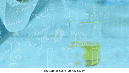 Image of mathematical equations over beaker with liquid in lab. Science, medicine, equations and digital interface concept digitally generated image.