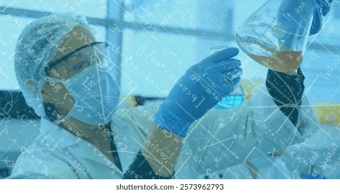 Image of mathematical equations over biracial female scientist working in lab. Science, medicine, equations and digital interface concept digitally generated image.
