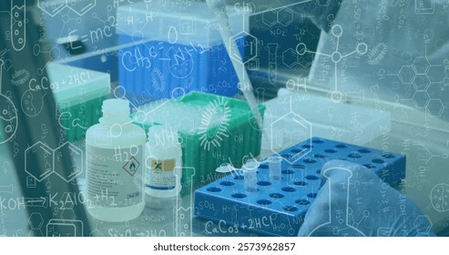 Image of mathematical equations over biracial female scientist working in lab. Science, medicine, equations and digital interface concept digitally generated image.