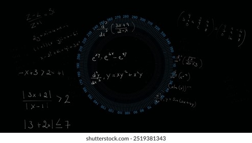 Image of mathematical equations over blue circular scanner on black background. Mathemamatics, data, processing, digital interface and communication, digitally generated image. - Powered by Shutterstock