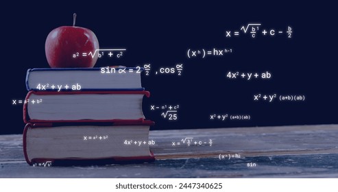 Image of mathematical equations over books and apple on black background. Education, learning, knowledge, science and digital interface concept digitally generated image. - Powered by Shutterstock