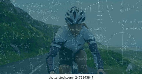 Image of mathematical equations over caucasian female cyclist riding a bicycle on the street. Sports, fitness and research science technology - Powered by Shutterstock