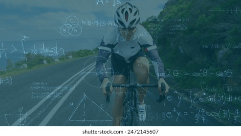 Image of mathematical equations over caucasian female cyclist riding a bicycle on the street. Sports, fitness and research science technology - Powered by Shutterstock