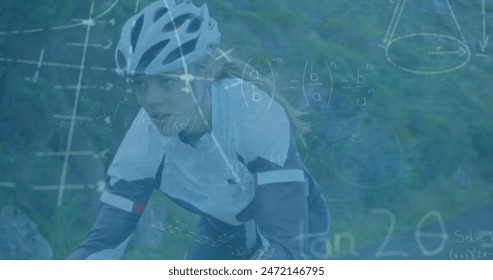 Image of mathematical equations over caucasian female cyclist riding a bicycle on the street. Sports, fitness and research science technology - Powered by Shutterstock