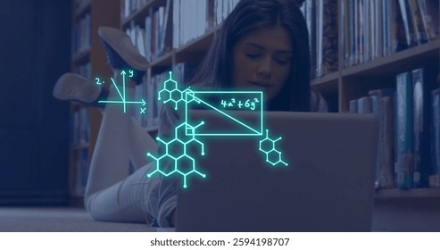 Image of mathematical equations over caucasian female student using laptop. Education and digital interface concept digitally generated image.