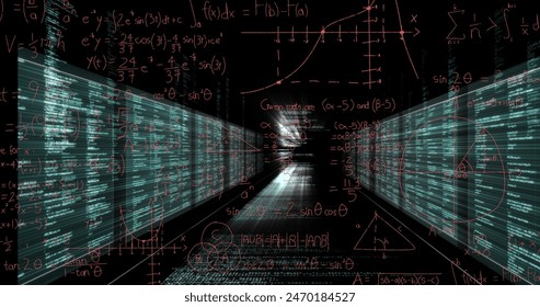Image of mathematical equations over data processing on black background. Mathematical equations, computing and digital interface concept digitally generated image.