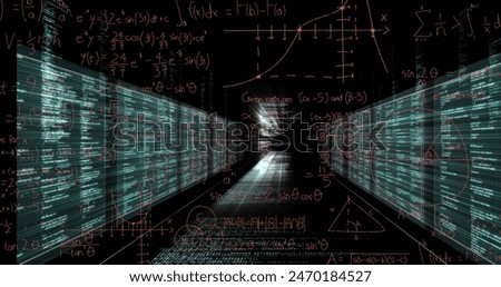 Image of mathematical equations over data processing on black background. Mathematical equations, computing and digital interface concept digitally generated image.