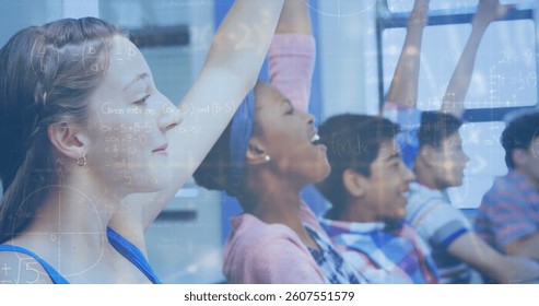 Image of mathematical equations over diverse school children. Global education, data processing and connections concept digitally generated image.