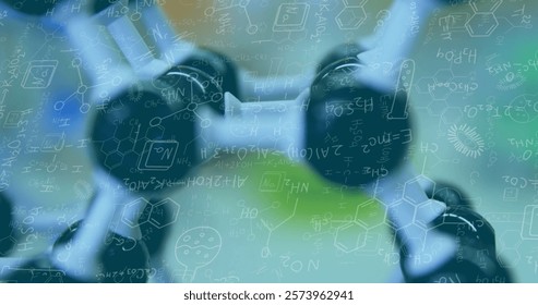 Image of mathematical equations over equipment in lab. Science, medicine, equations and digital interface concept digitally generated image.