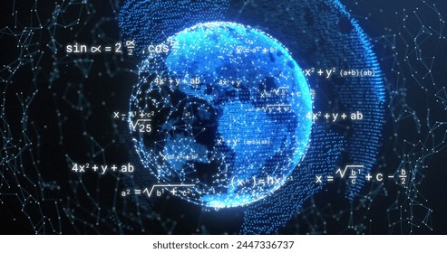 Image of mathematical equations over globe and network of connections on black background. Education, learning, knowledge, science and digital interface concept digitally generated image.