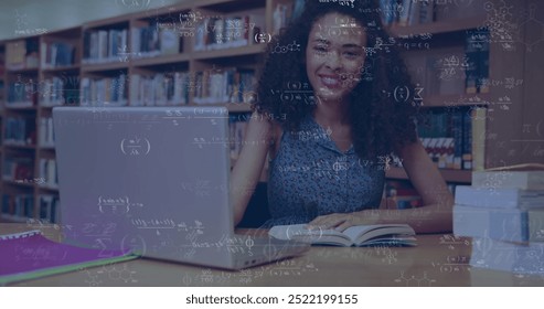 Image of mathematical equations over happy biracial female student using laptop in library. Learning, education, data, network, digital interface and communication, digitally generated image. - Powered by Shutterstock