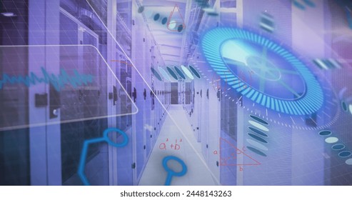 Image of mathematical equations over interface with data processing against server room. Computer interface and business data storage technology concept