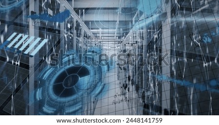 Image of mathematical equations over interface with data processing against server room. Computer interface and business data storage technology concept