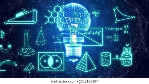 Image of mathematical equations over light bulb and networks on dark background. Network, energy, digital interface, science, research and communication, digitally generated image.