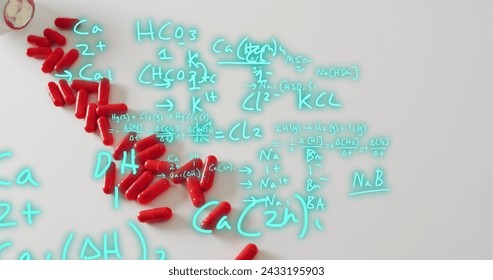 Image of mathematical equations over pills. Global medicine and digital interface concept digitally generated image.