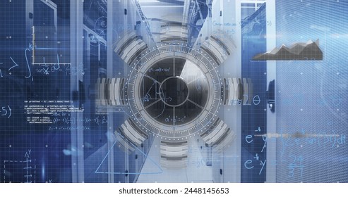 Image of mathematical equations over round scanner and data processing against server room. Computer interface and business data storage technology concept