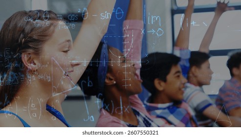 Image of mathematical equations over schoolchildren. global education, technology and connections concept digitally generated image.